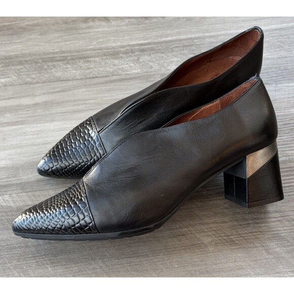 Hispanitas Black Leather Heels Size 11 Pointed Toe Block Heel 42 Spain - Picture 6 of 10